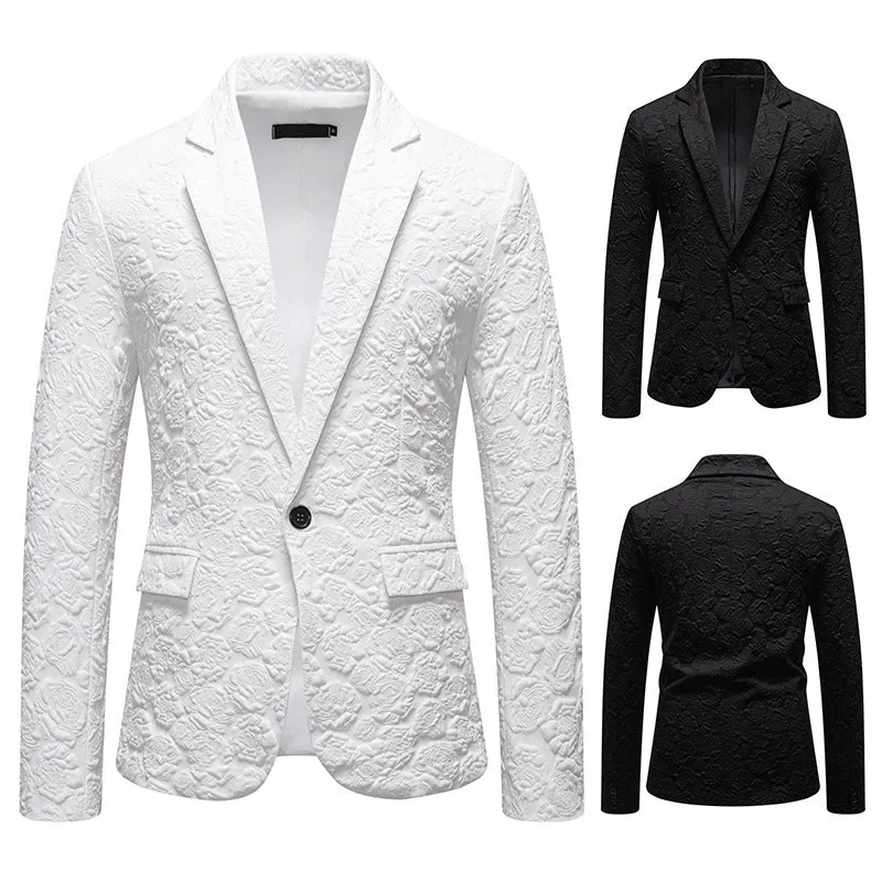 Slim-fit groom suit top in black with bag cover seam pocket, polyester blend, front view on mannequin