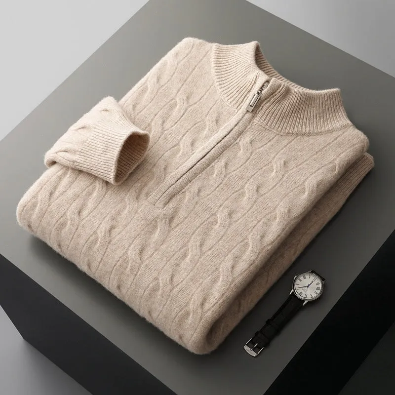 Jacquard double-strand thickened long-sleeved sweater in light camel, loose fit for women