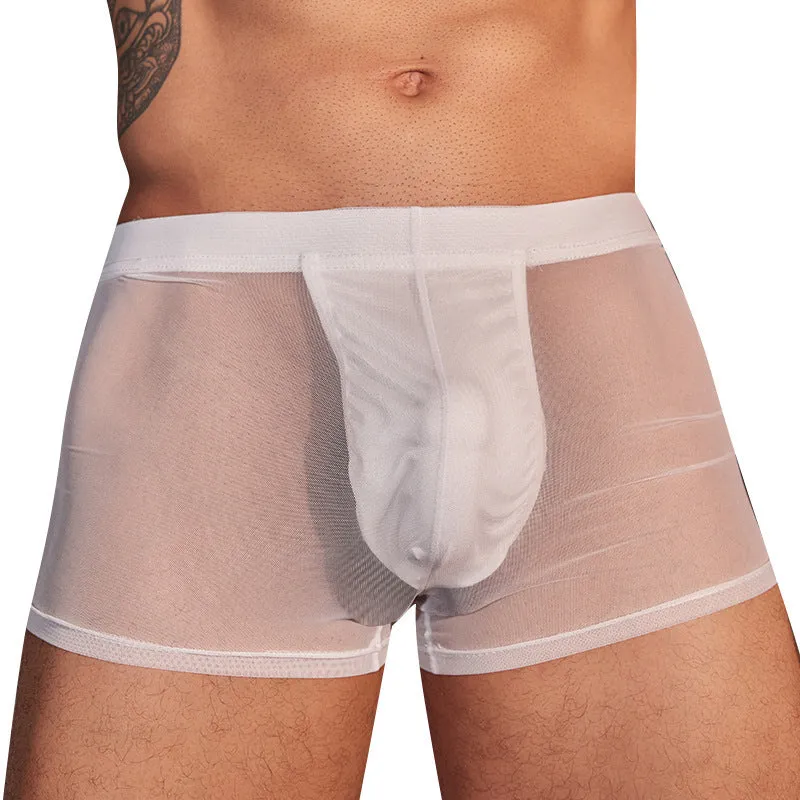 A pair of men's ultra-thin black boxer briefs made from breathable nylon fabric.