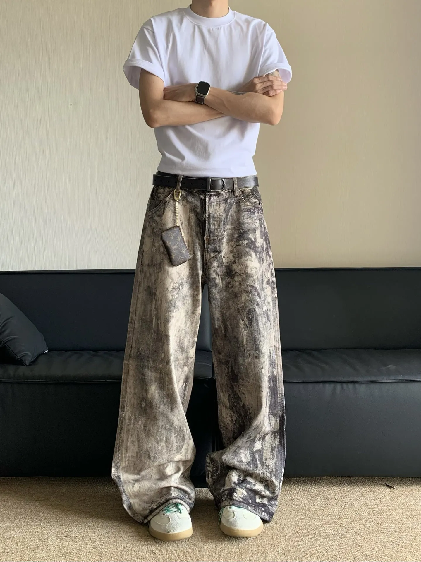 Men's yellow digital camouflage printed denim trousers straight leg casual cotton