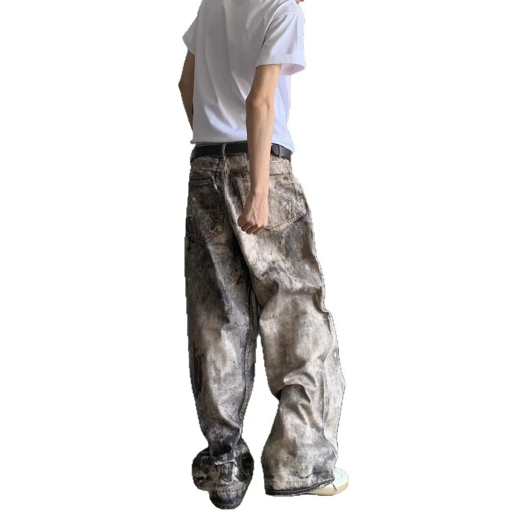 Men's yellow digital camouflage printed denim trousers straight leg casual cotton