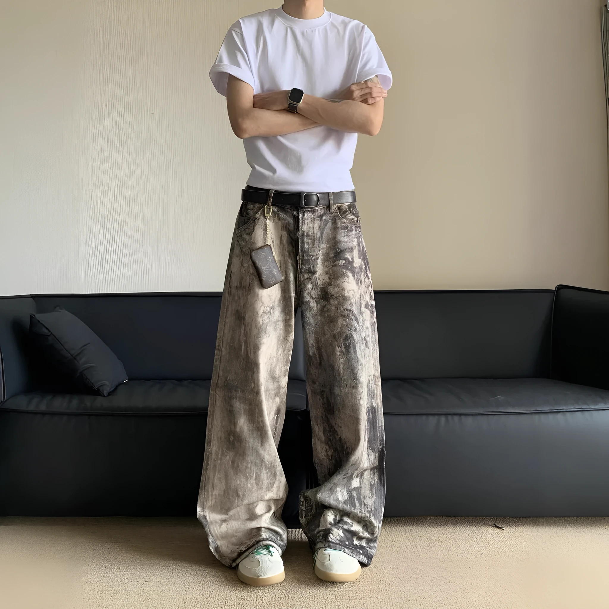Men's yellow digital camouflage printed denim trousers straight leg casual cotton