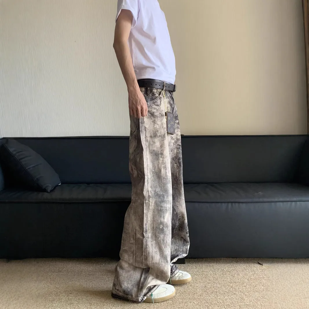 Men's yellow digital camouflage printed denim trousers straight leg casual cotton