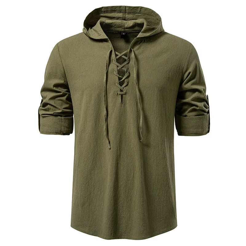 Men's cotton linen drawstring long sleeve pirate print shirt in white, slim fit pullover style