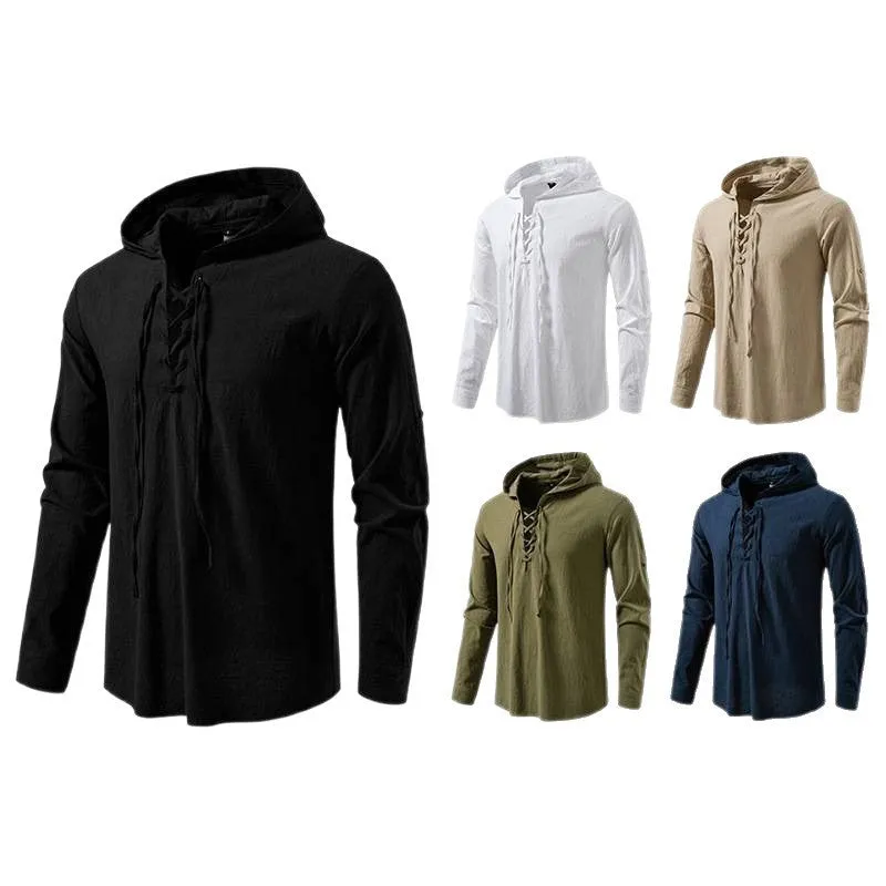 Men's cotton linen drawstring long sleeve pirate print shirt in white, slim fit pullover style