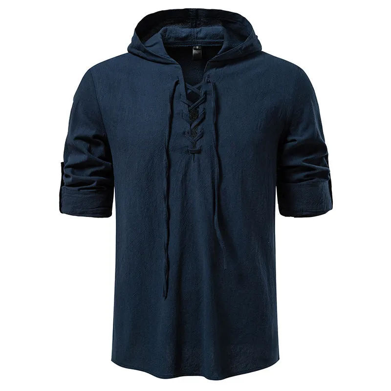 Men's cotton linen drawstring long sleeve pirate print shirt in white, slim fit pullover style