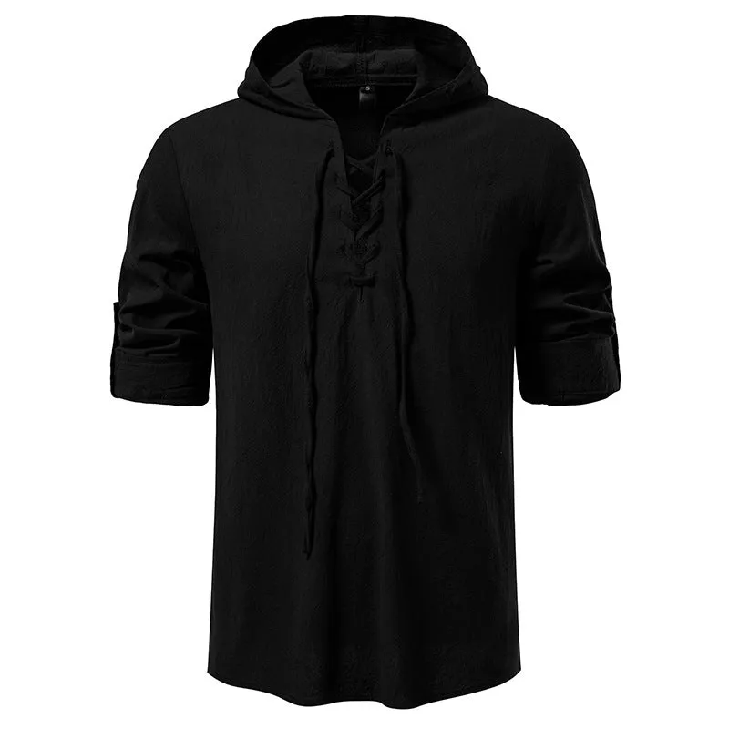 Men's cotton linen drawstring long sleeve pirate print shirt in white, slim fit pullover style