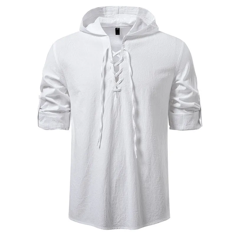 Men's cotton linen drawstring long sleeve pirate print shirt in white, slim fit pullover style