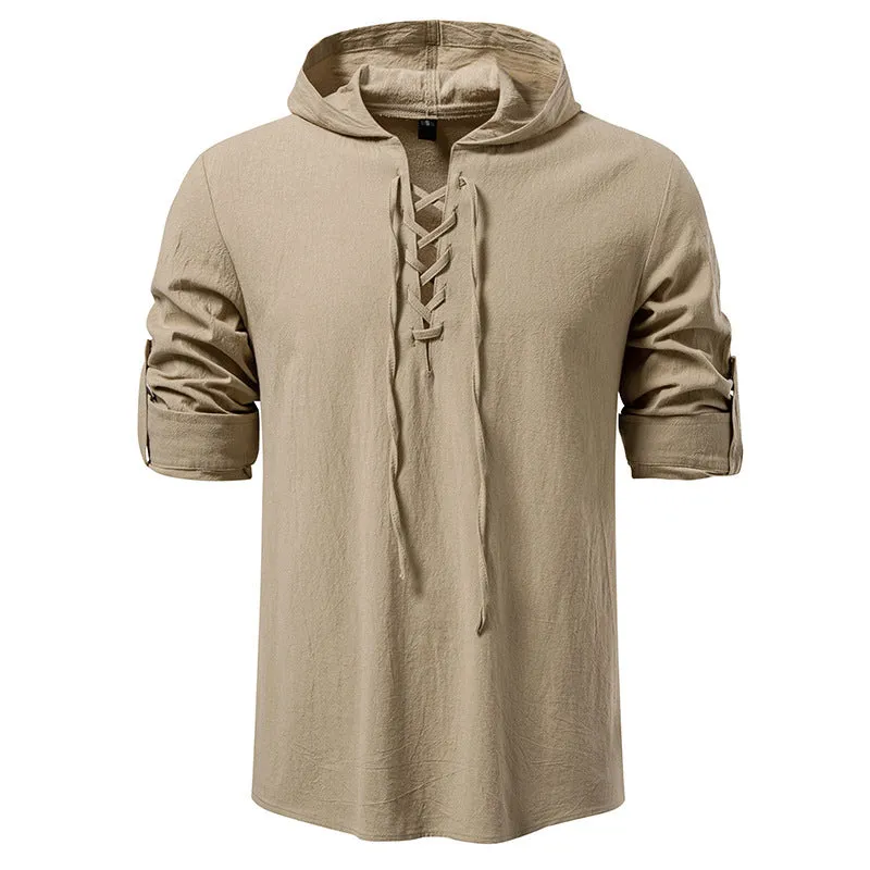 Men's cotton linen drawstring long sleeve pirate print shirt in white, slim fit pullover style