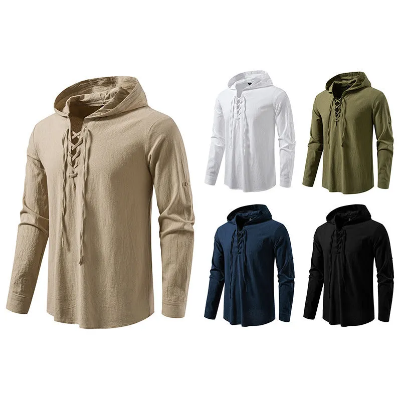 Men's cotton linen drawstring long sleeve pirate print shirt in white, slim fit pullover style