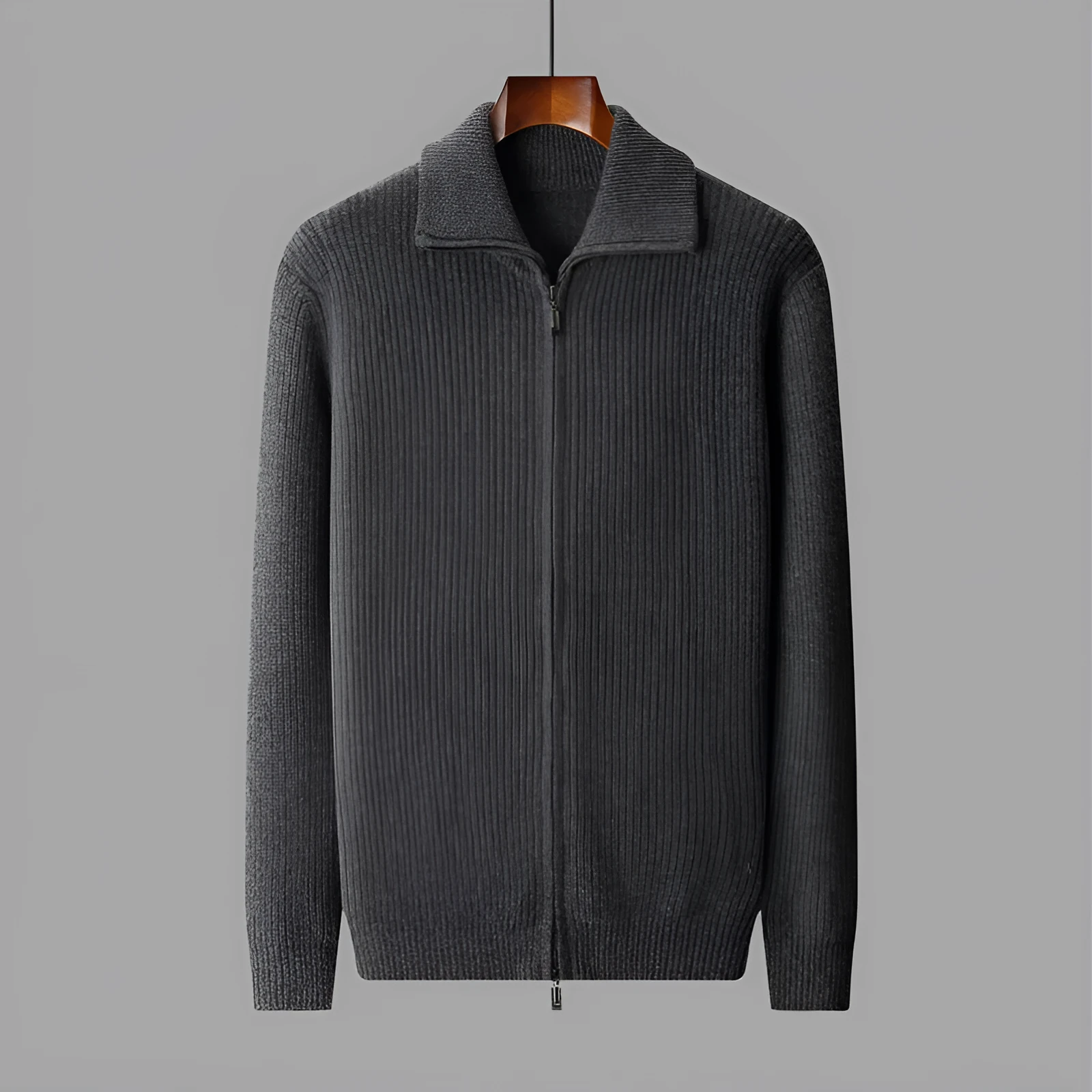 men's wool zipper cardigan fall winter lapel shirt coat pure wool knitted jacket long sleeve standard wool dark gray black S M L XL XXL 3XL adult male youth casual wear daily use cold season office layering piece non-iron finish
