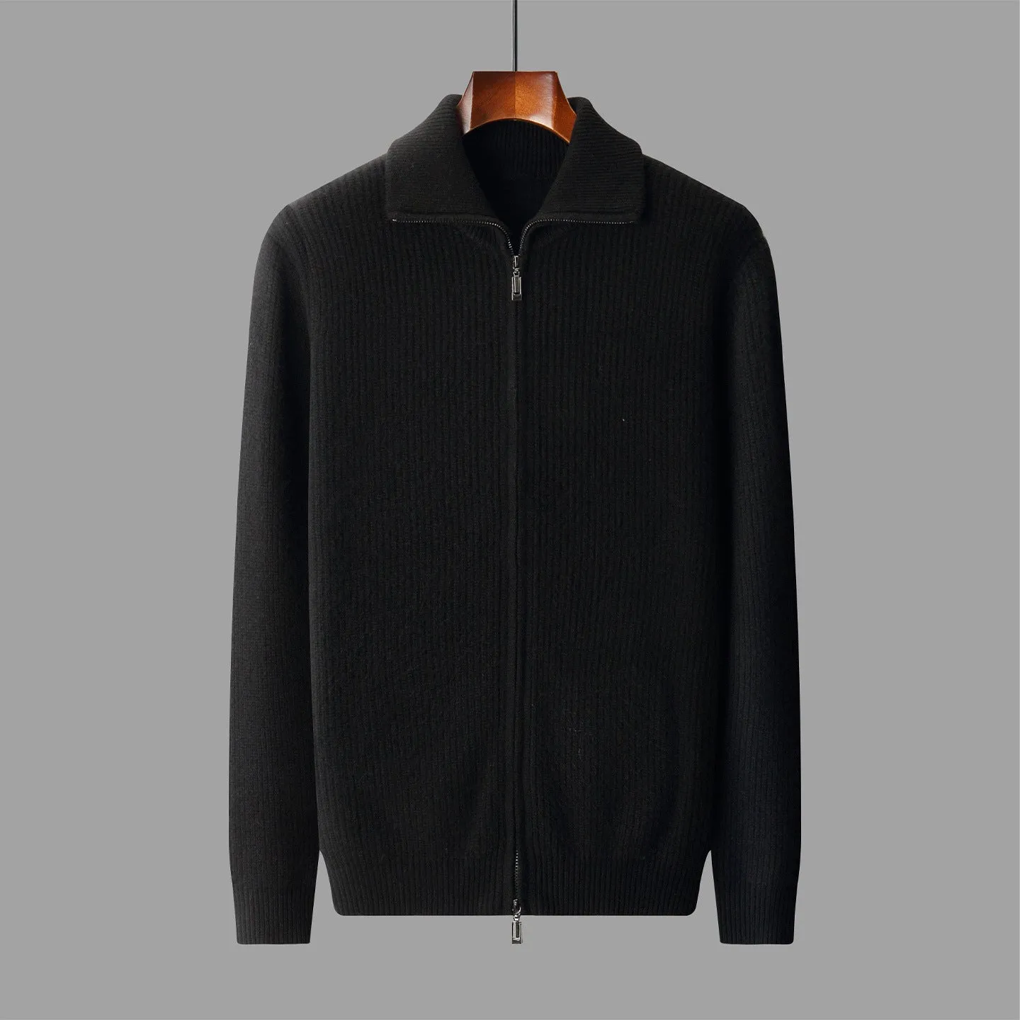 men's wool zipper cardigan fall winter lapel shirt coat pure wool knitted jacket long sleeve standard wool dark gray black S M L XL XXL 3XL adult male youth casual wear daily use cold season office layering piece non-iron finish