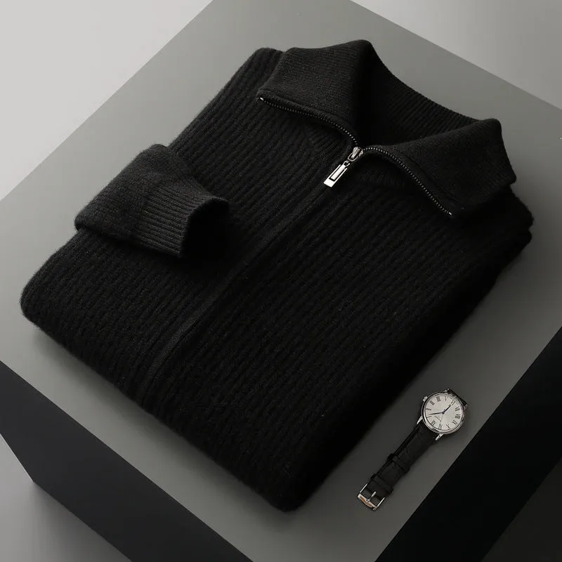 men's wool zipper cardigan fall winter lapel shirt coat pure wool knitted jacket long sleeve standard wool dark gray black S M L XL XXL 3XL adult male youth casual wear daily use cold season office layering piece non-iron finish