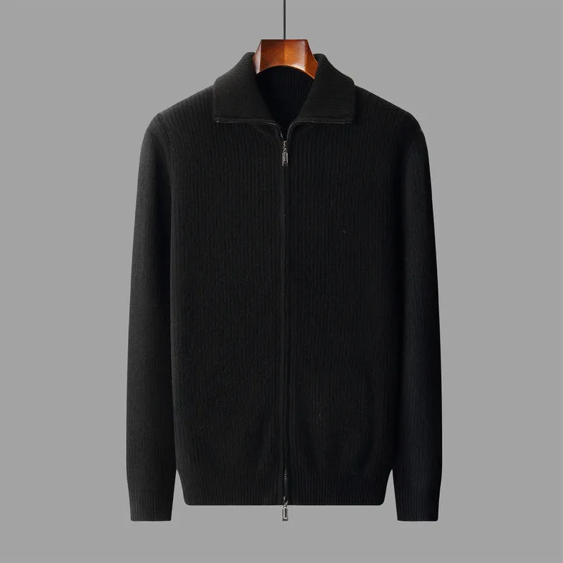 men's wool zipper cardigan fall winter lapel shirt coat pure wool knitted jacket long sleeve standard wool dark gray black S M L XL XXL 3XL adult male youth casual wear daily use cold season office layering piece non-iron finish