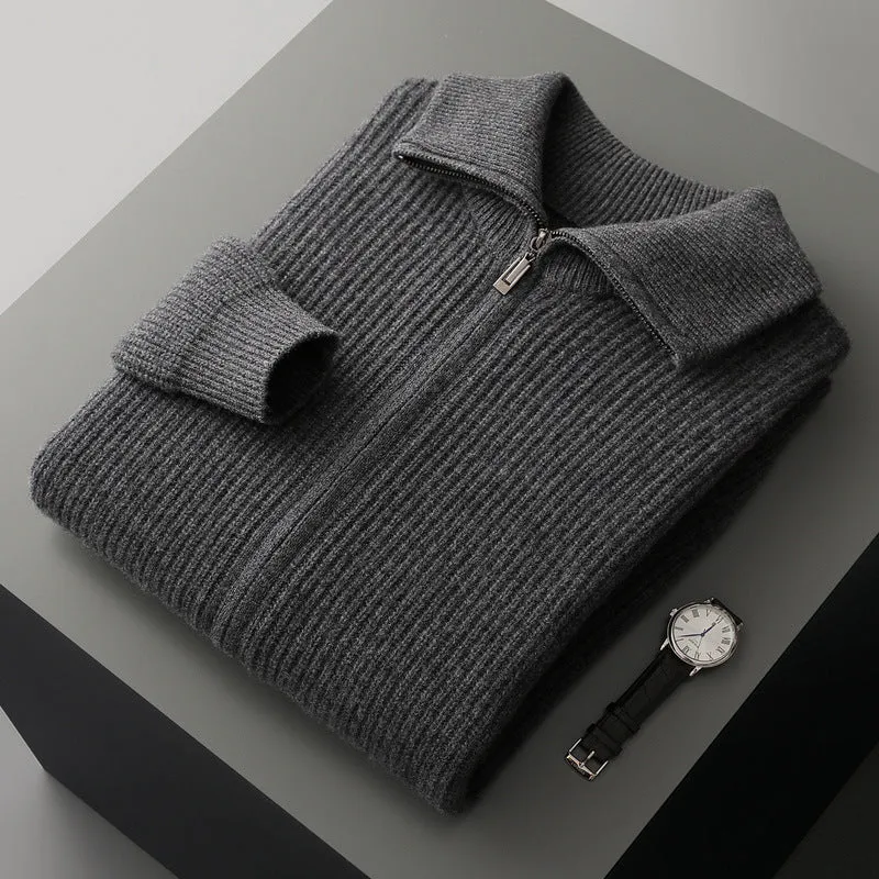 men's wool zipper cardigan fall winter lapel shirt coat pure wool knitted jacket long sleeve standard wool dark gray black S M L XL XXL 3XL adult male youth casual wear daily use cold season office layering piece non-iron finish