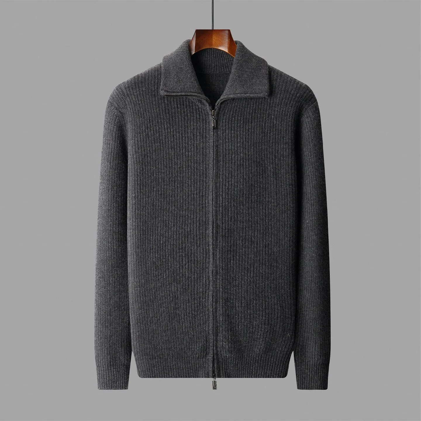 men's wool zipper cardigan fall winter lapel shirt coat pure wool knitted jacket long sleeve standard wool dark gray black S M L XL XXL 3XL adult male youth casual wear daily use cold season office layering piece non-iron finish