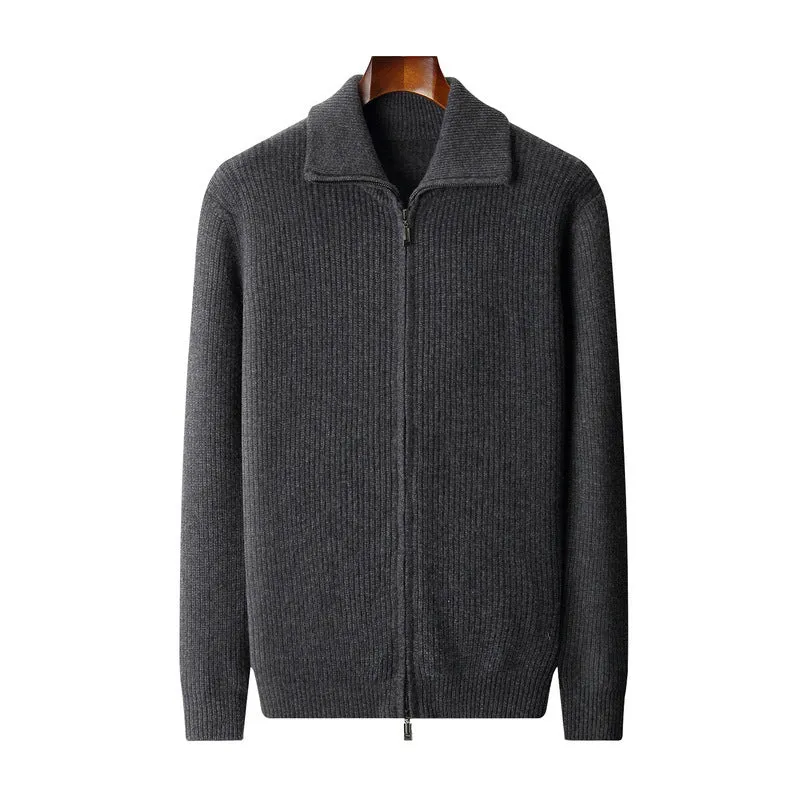 men's wool zipper cardigan fall winter lapel shirt coat pure wool knitted jacket long sleeve standard wool dark gray black S M L XL XXL 3XL adult male youth casual wear daily use cold season office layering piece non-iron finish