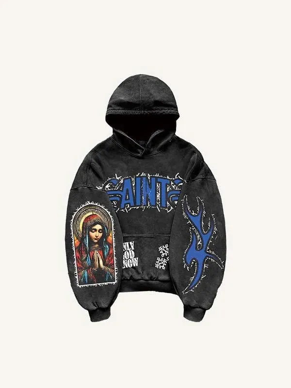 Men's black pullover hooded printed sweater with long sleeves and loose fit on a model
