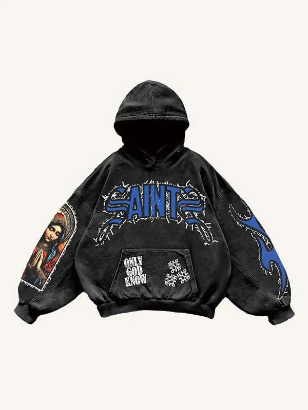 Men's black pullover hooded printed sweater with long sleeves and loose fit on a model