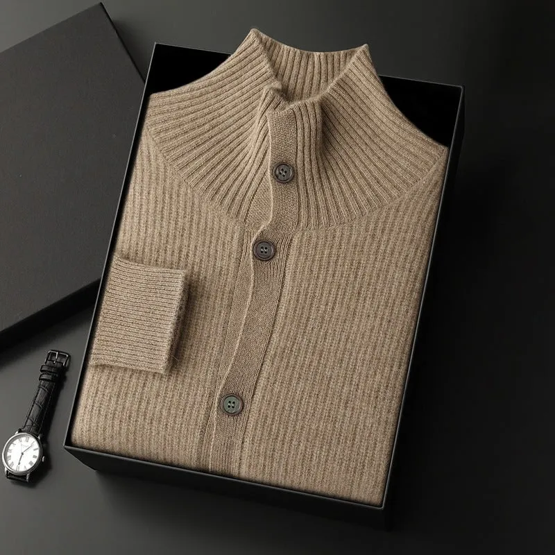Men's cashmere cardigan stand collar loose fit thick knit solid colour black olive green dark gray purple cashmere