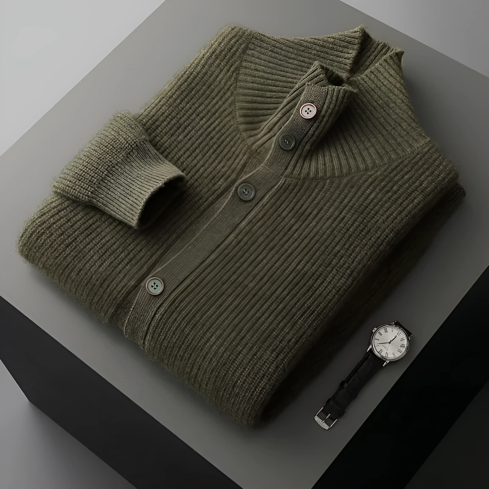 Men's cashmere cardigan stand collar loose fit thick knit solid colour black olive green dark gray purple cashmere