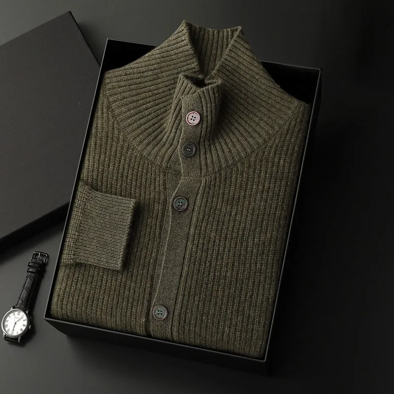 Men's cashmere cardigan stand collar loose fit thick knit solid colour black olive green dark gray purple cashmere