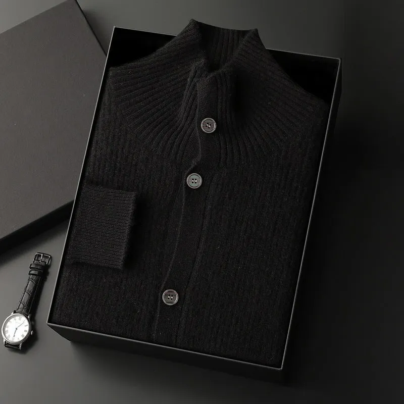 Men's cashmere cardigan stand collar loose fit thick knit solid colour black olive green dark gray purple cashmere