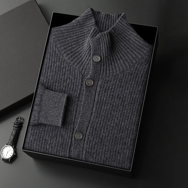 Men's cashmere cardigan stand collar loose fit thick knit solid colour black olive green dark gray purple cashmere