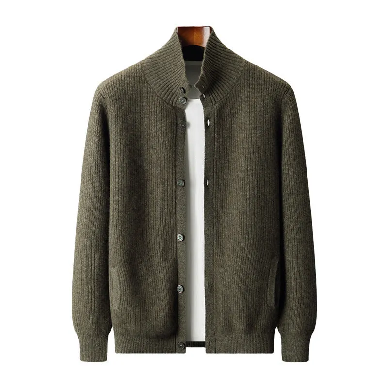 Men's cashmere cardigan stand collar loose fit thick knit solid colour black olive green dark gray purple cashmere