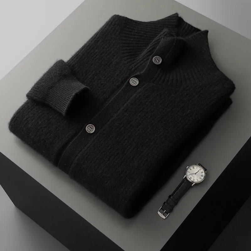 Men's cashmere cardigan stand collar loose fit thick knit solid colour black olive green dark gray purple cashmere
