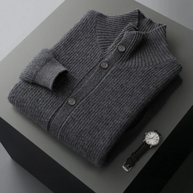 Men's cashmere cardigan stand collar loose fit thick knit solid colour black olive green dark gray purple cashmere