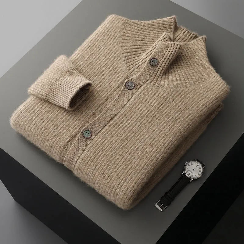 Men's cashmere cardigan stand collar loose fit thick knit solid colour black olive green dark gray purple cashmere