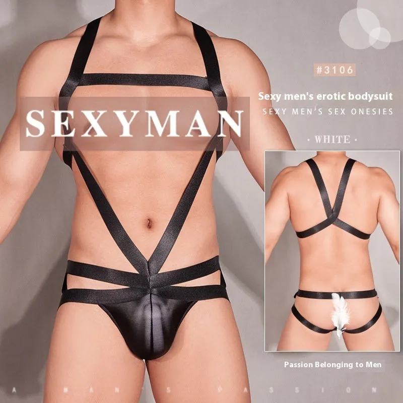 High elastic hollow men's nylon jumpsuit in black, front view, free size, clubwear