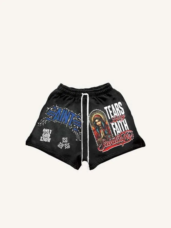 Loose casual black print men's shorts with elastic waistband for summer