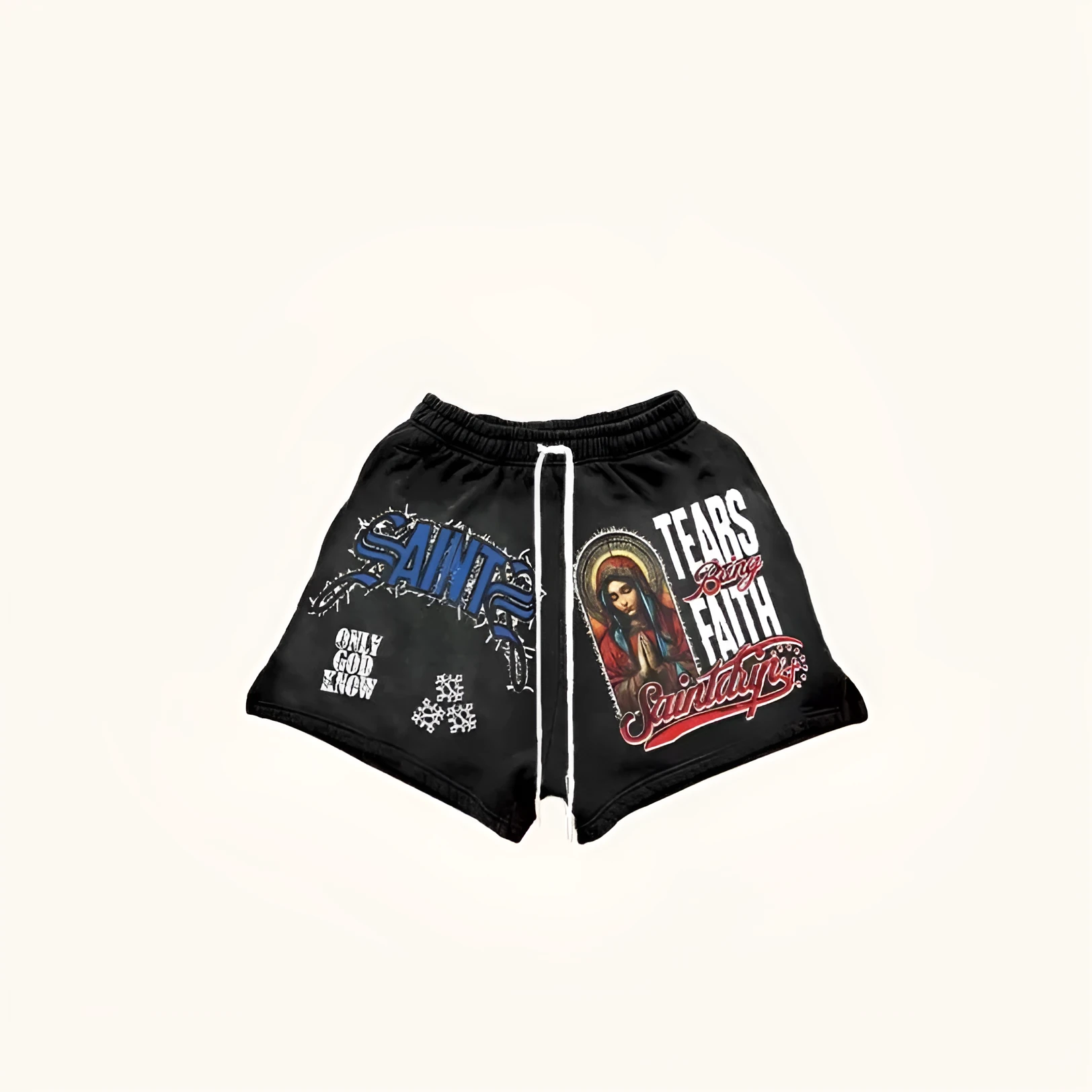 Loose casual black print men's shorts with elastic waistband for summer