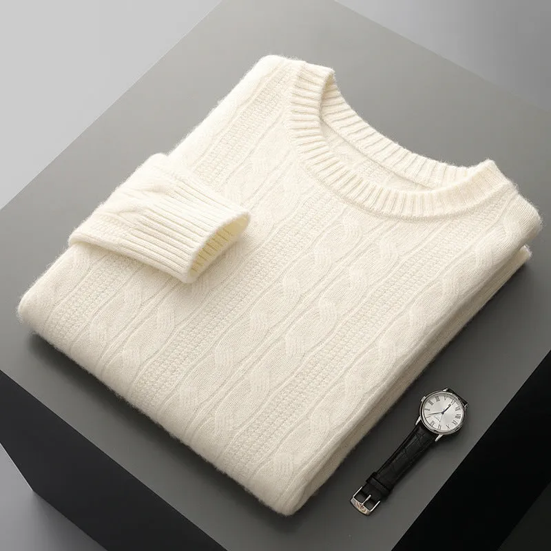 Men's double-strand thickened jacquard knitted pullover sweater in camel colour, loose fit, long sleeves