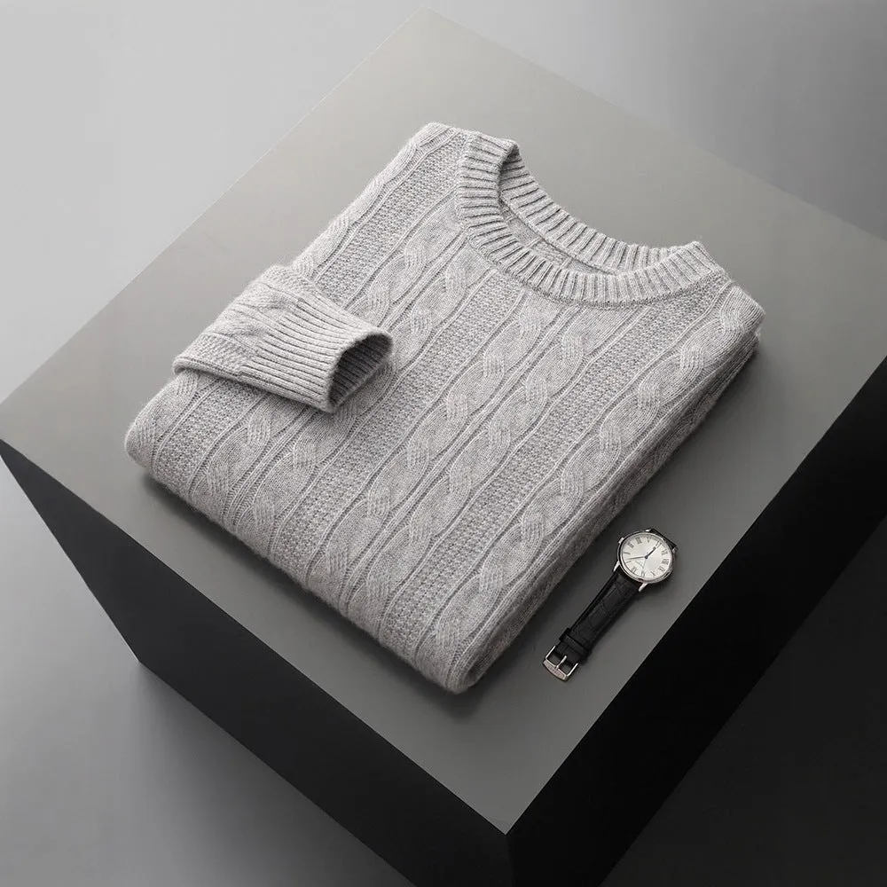 Men's double-strand thickened jacquard knitted pullover sweater in camel colour, loose fit, long sleeves