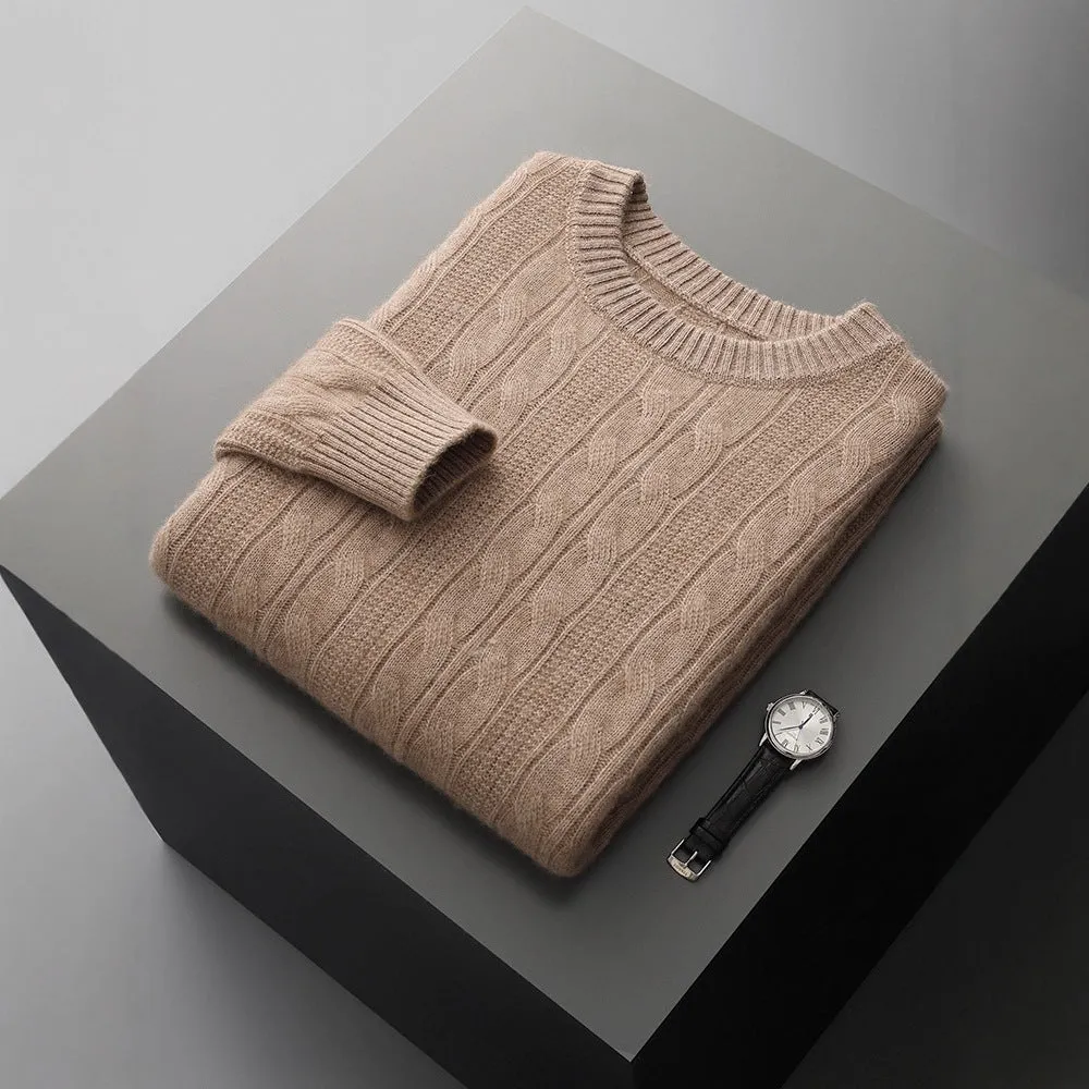 Men's double-strand thickened jacquard knitted pullover sweater in camel colour, loose fit, long sleeves
