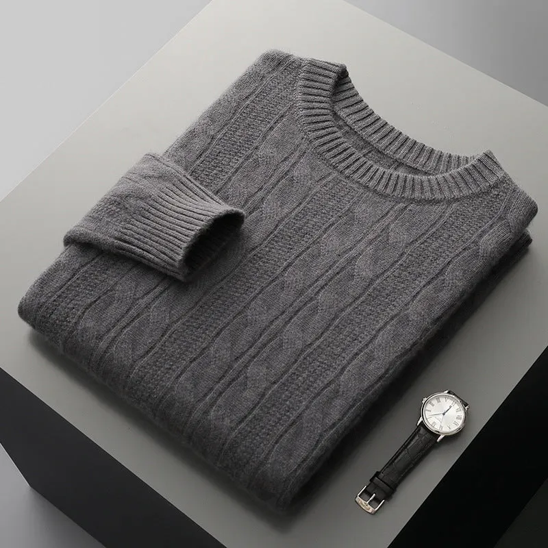 Men's double-strand thickened jacquard knitted pullover sweater in camel colour, loose fit, long sleeves