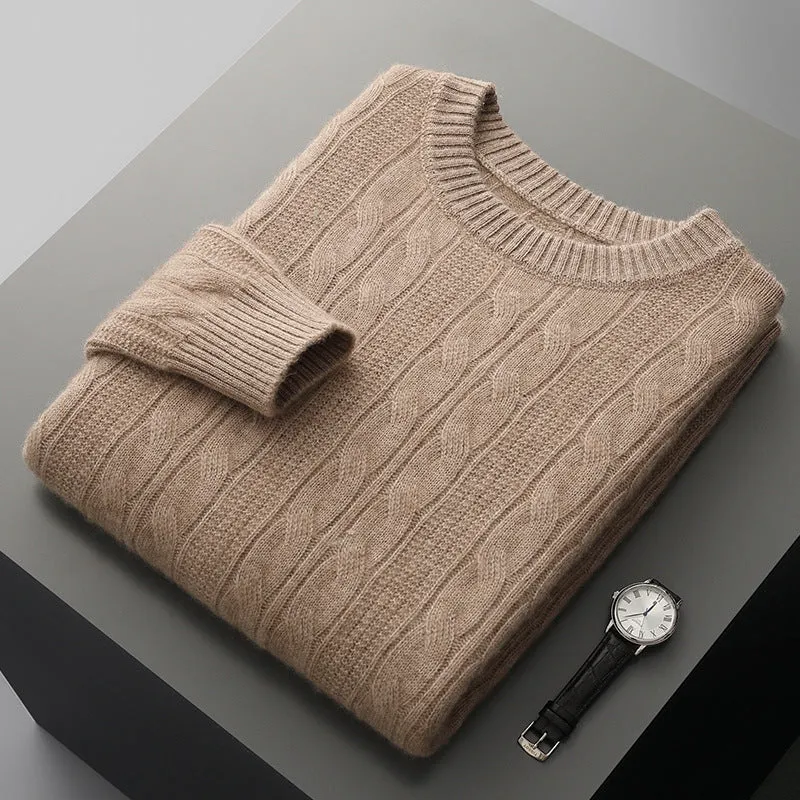 Men's double-strand thickened jacquard knitted pullover sweater in camel colour, loose fit, long sleeves