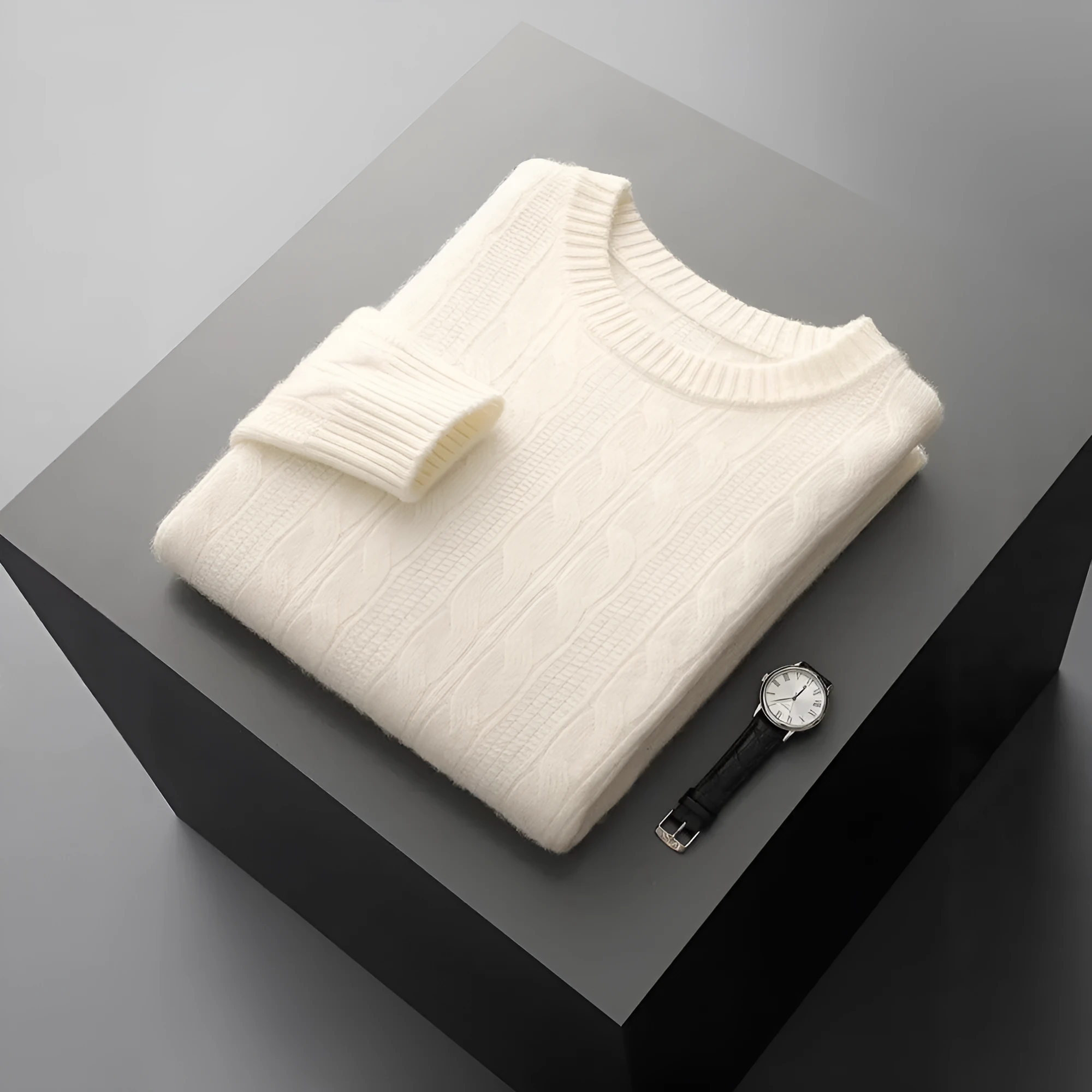 Men's double-strand thickened jacquard knitted pullover sweater in camel colour, loose fit, long sleeves