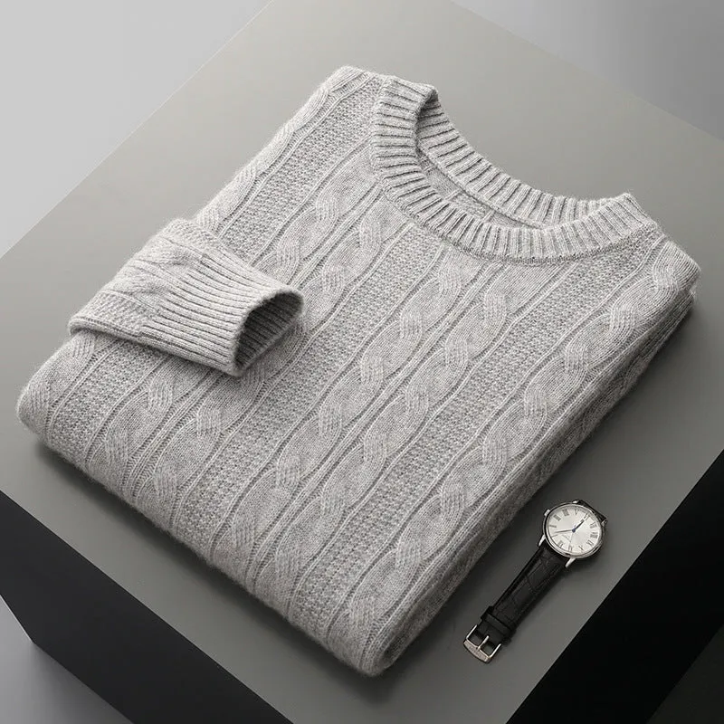 Men's double-strand thickened jacquard knitted pullover sweater in camel colour, loose fit, long sleeves