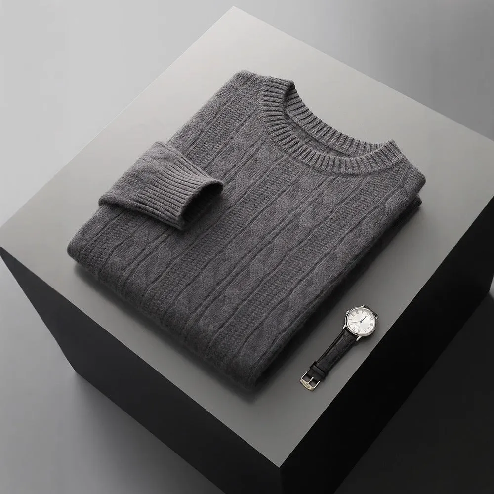 Men's double-strand thickened jacquard knitted pullover sweater in camel colour, loose fit, long sleeves