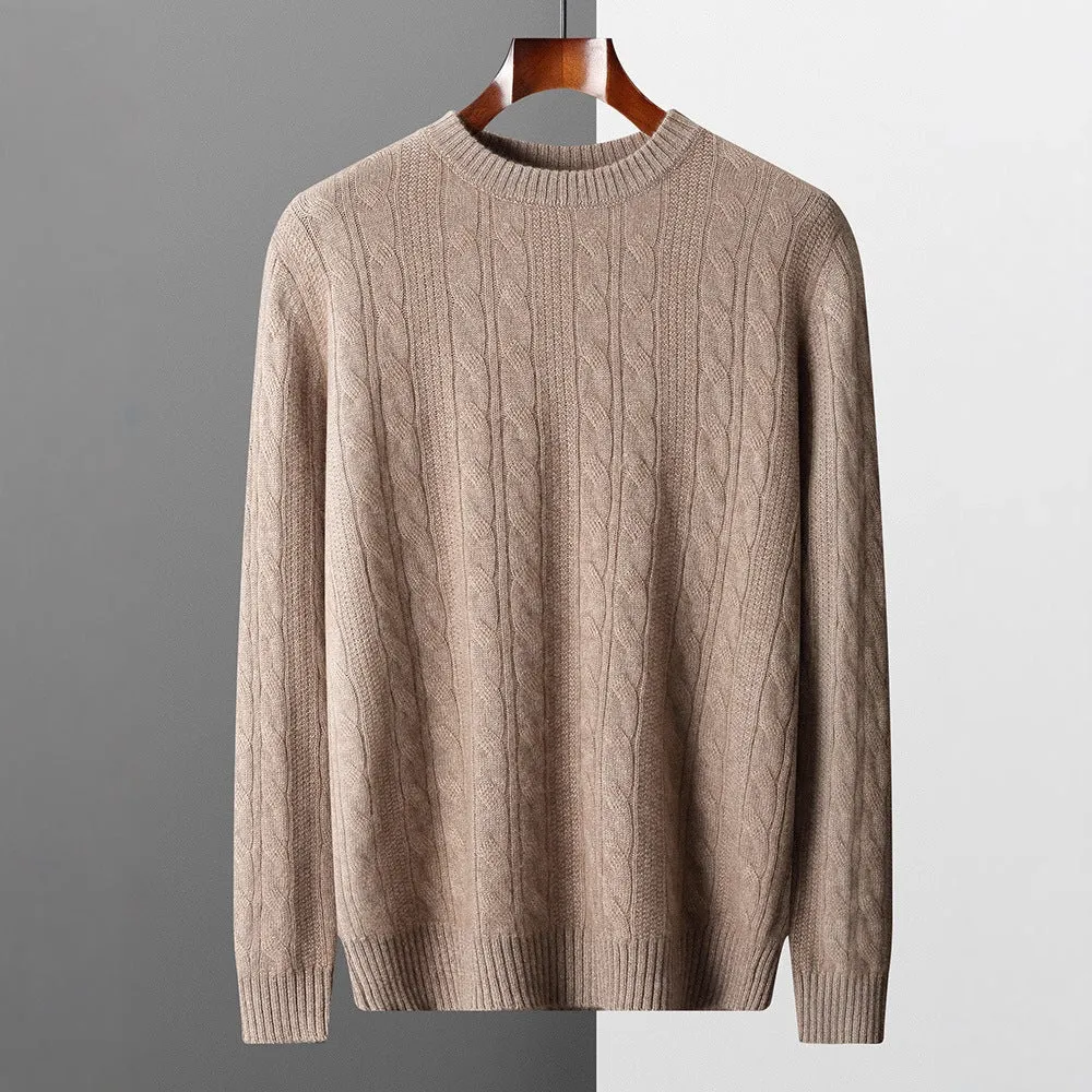 Men's double-strand thickened jacquard knitted pullover sweater in camel colour, loose fit, long sleeves