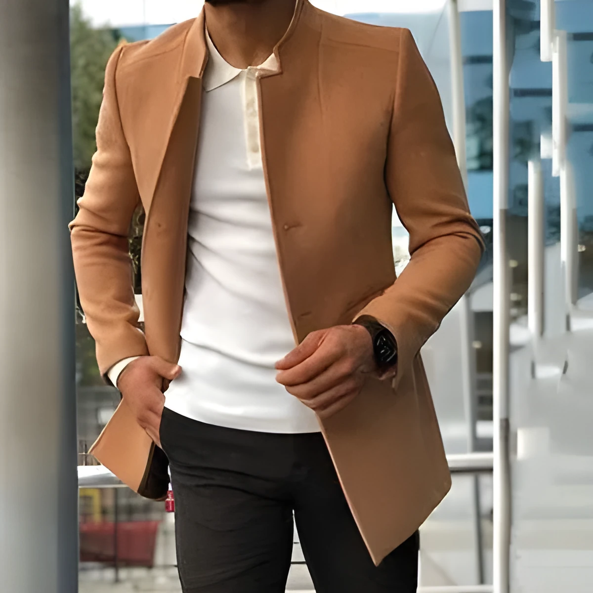 Solid-colour khaki form-fitting woolen coat for men, autumn layering, sizes S-XXXL