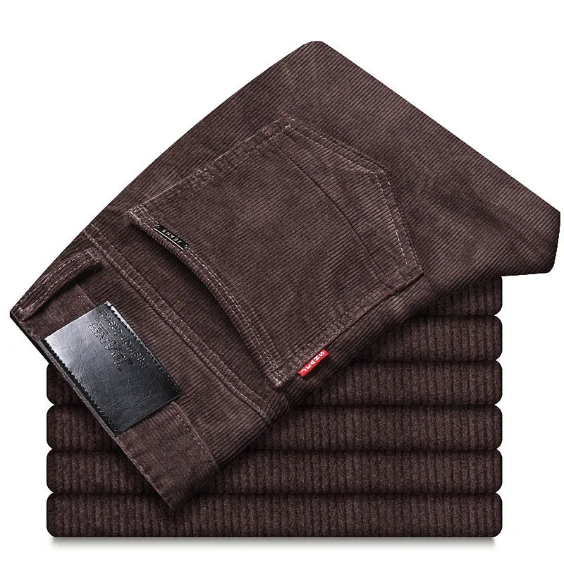 Straight slim-fit cotton corduroy trousers in brown, shown from front