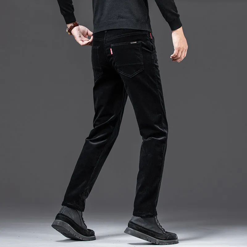 Straight slim-fit cotton corduroy trousers in brown, shown from front
