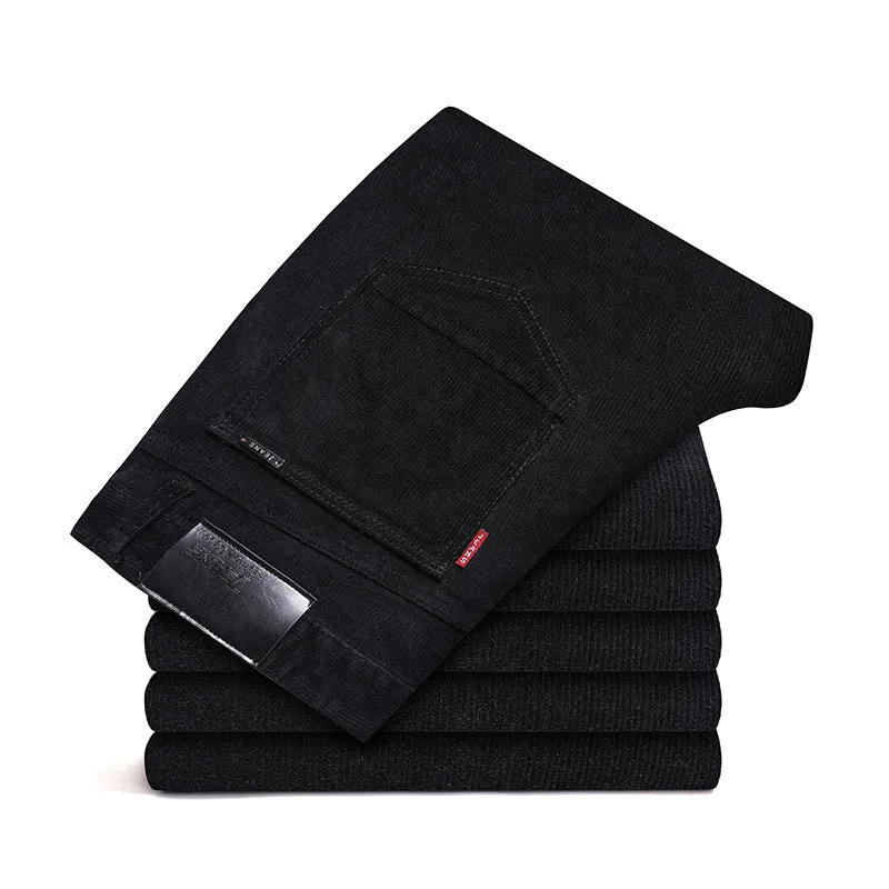 Straight slim-fit cotton corduroy trousers in brown, shown from front