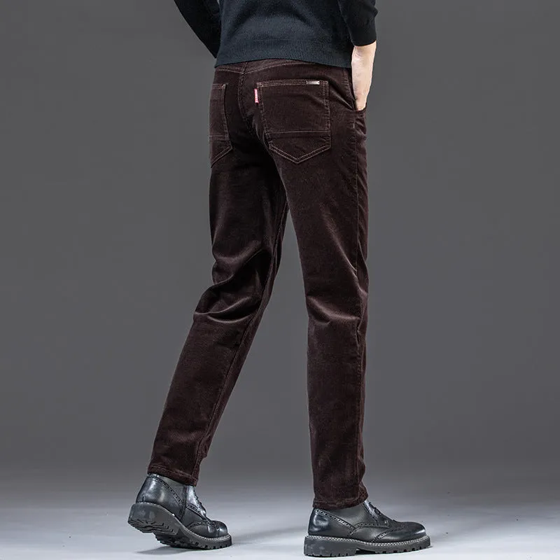 Straight slim-fit cotton corduroy trousers in brown, shown from front