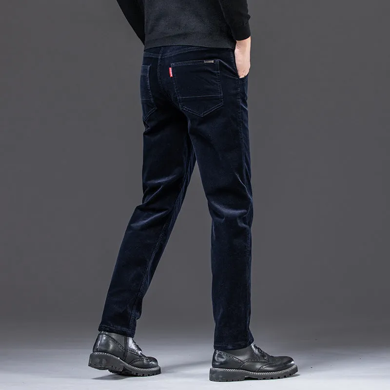 Straight slim-fit cotton corduroy trousers in brown, shown from front